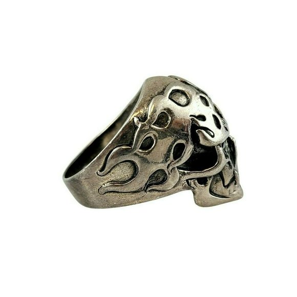 Men's Sterling Silver Flaming Skull Biker Ring - Picture 5 of 10